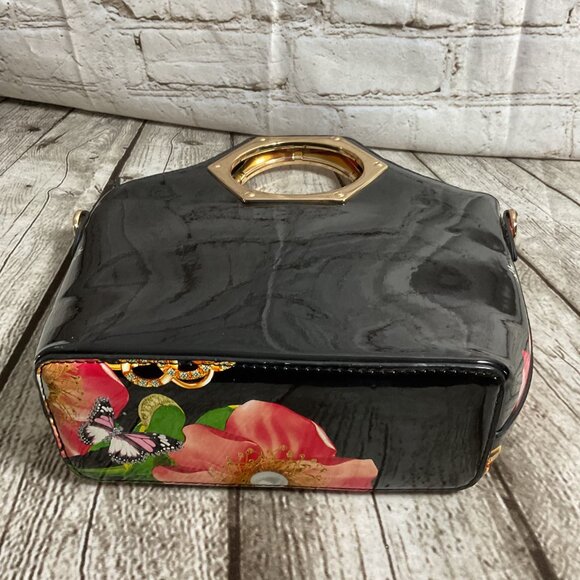 Floral Butterfly Black Patent Handbag Goldtone Hexagonal Handles Bloomcore - Picture 5 of 5